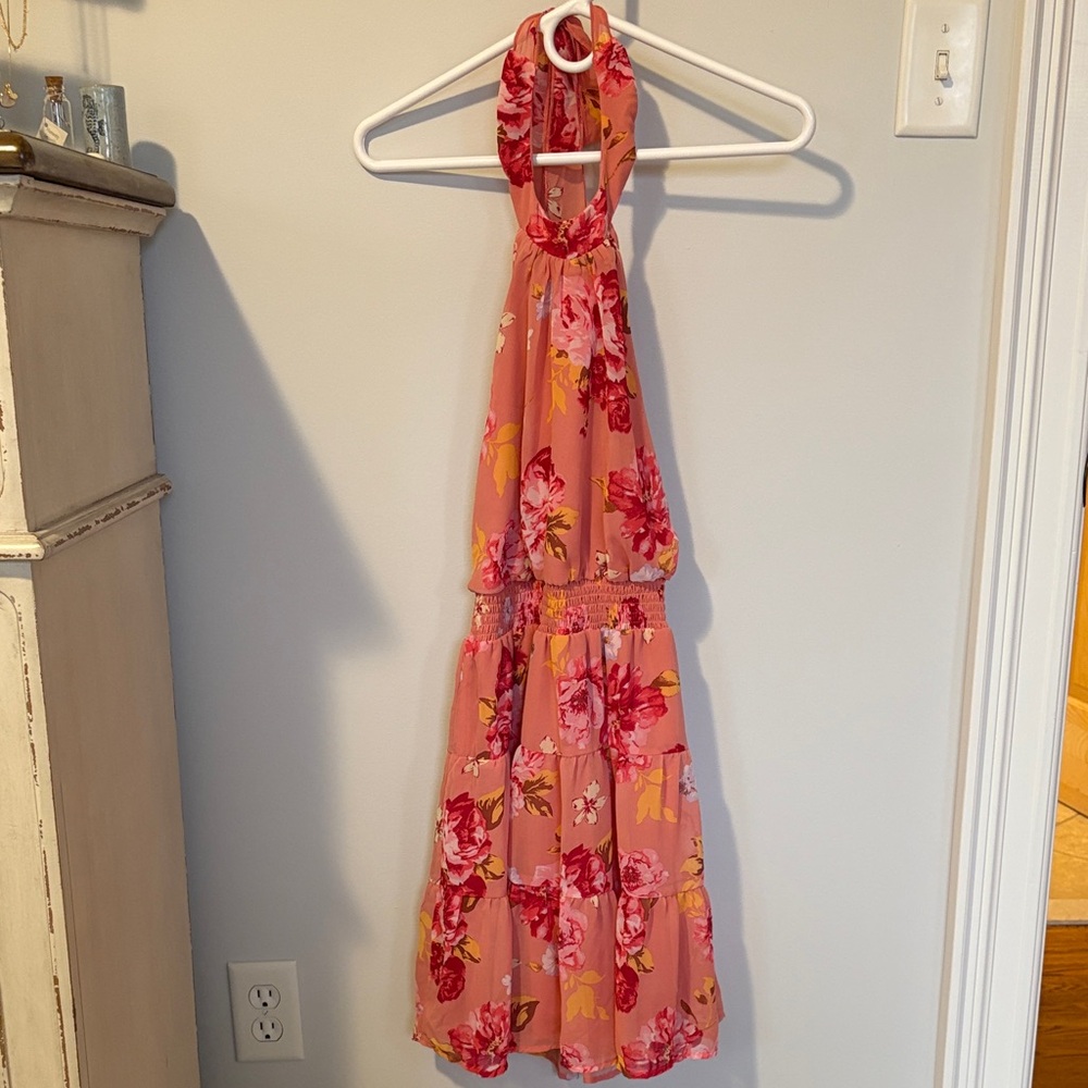 Floral Pink Halter Mini Dress